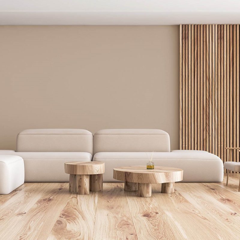 White and wood living room with sofa and armchair