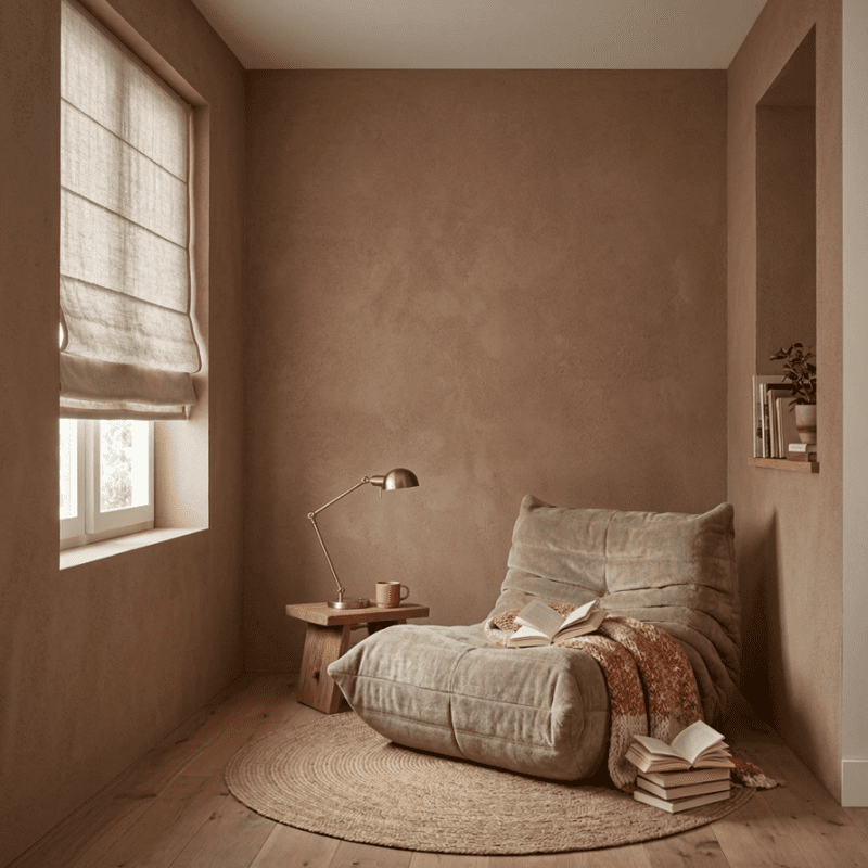 Modern minimalist interior featuring bespoke Craft Axis artisan plaster walls, creating a warm and tactile ambient space.