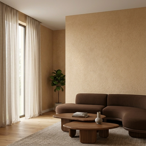 Modern minimalist interior featuring bespoke Craft Axis artisan plaster walls, creating a warm and tactile ambient space.