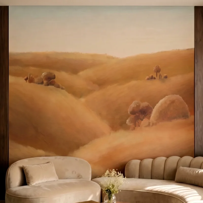 Close-up of Aether Ascent Dusk, a hand-painted acrylic customised wallpaper featuring soft, luminous upward brushstrokes. Created by Craft Axis, a leading wallpaper store providing bespoke wallpaper Singapore.