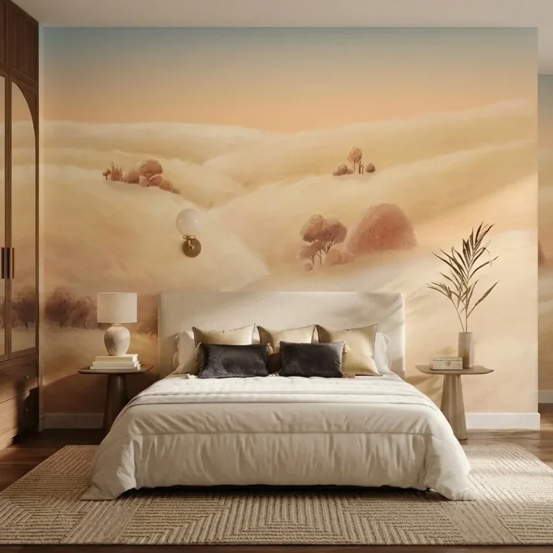 Close-up of Aether Ascent Daybreak, a hand-painted acrylic customised wallpaper featuring soft, luminous upward brushstrokes. Created by Craft Axis, a leading wallpaper store providing bespoke wallpaper Singapore.