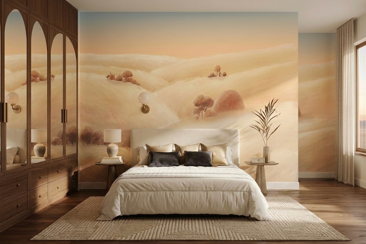 Close-up of Aether Ascent Daybreak, a hand-painted acrylic customised wallpaper featuring soft, luminous upward brushstrokes. Created by Craft Axis, a leading wallpaper store providing bespoke wallpaper Singapore.