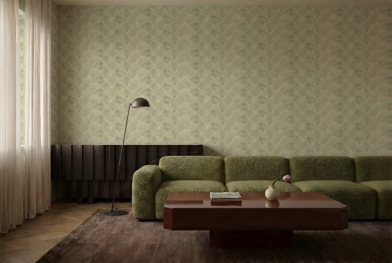 Ginkgo Lyric customisable wallpaper featuring hand-painted acrylic leaves, available at our Craft Axis wallpaper store for bespoke wallpaper Singapore.