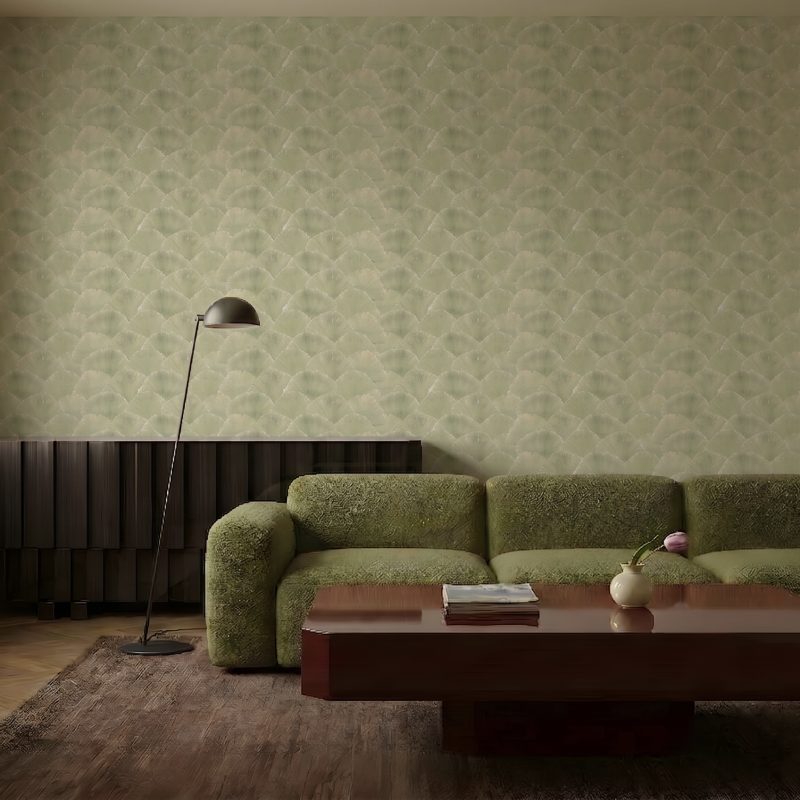Ginkgo Lyric customisable wallpaper featuring hand-painted acrylic leaves, available at our Craft Axis wallpaper store for bespoke wallpaper Singapore.