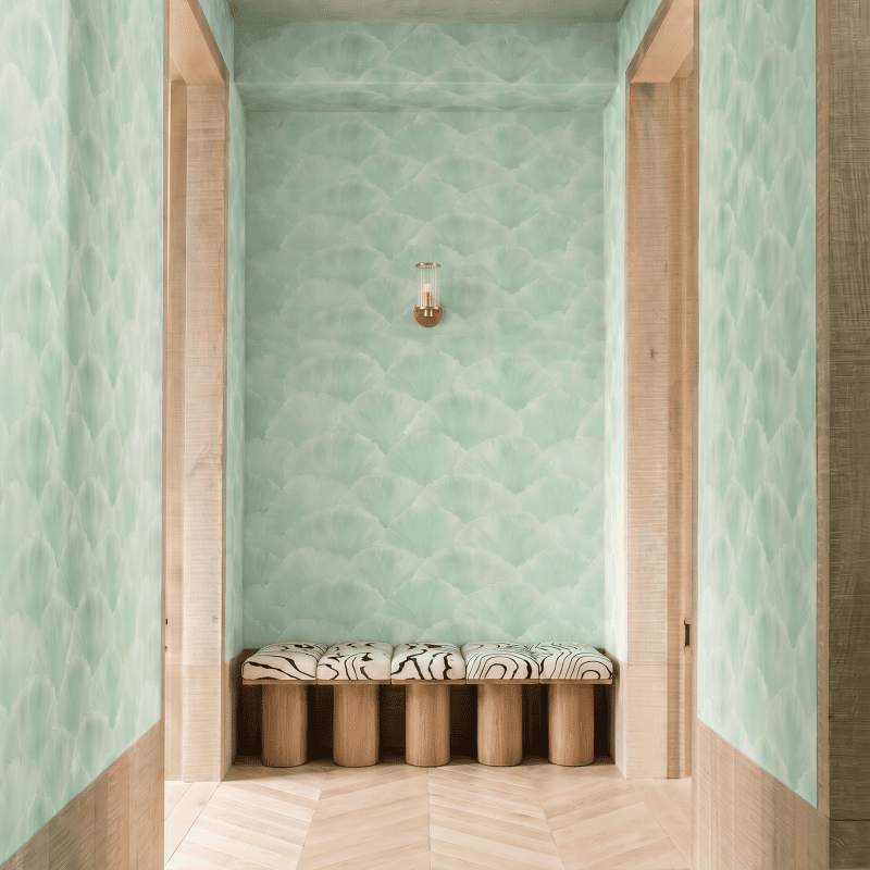 Close-up of Ginkgo Lyric, a hand-painted acrylic customised wallpaper capturing the gentle rhythm of falling leaves. Crafted by Craft Axis, a leading wallpaper store for bespoke wallpaper Singapore.