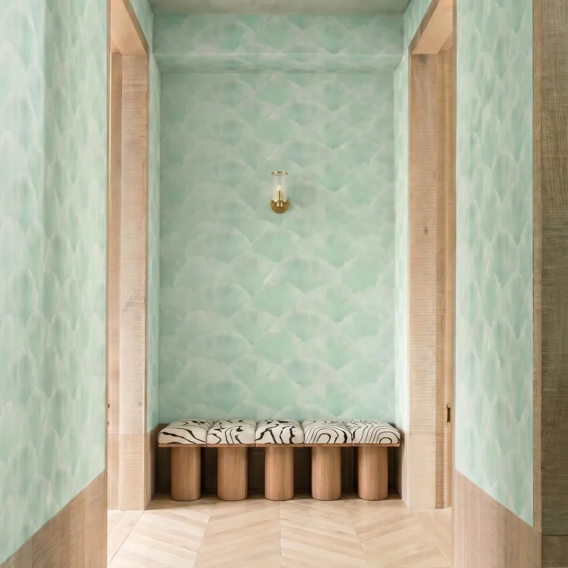 Close-up of Ginkgo Lyric, a hand-painted acrylic customised wallpaper capturing the gentle rhythm of falling leaves. Crafted by Craft Axis, a leading wallpaper store for bespoke wallpaper Singapore.