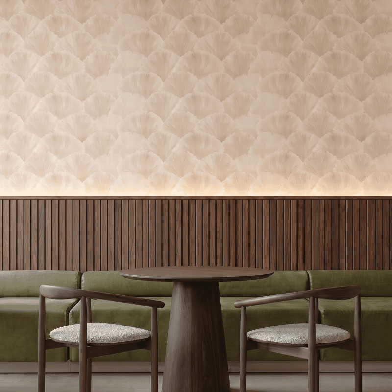 Close-up of Ginkgo Lyric, a hand-painted acrylic customised wallpaper capturing the gentle rhythm of falling leaves. Crafted by Craft Axis, a leading wallpaper store for bespoke wallpaper Singapore.