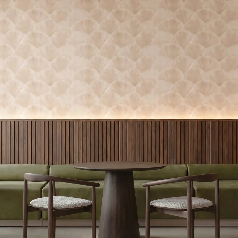 Close-up of Ginkgo Lyric, a hand-painted acrylic customised wallpaper capturing the gentle rhythm of falling leaves. Crafted by Craft Axis, a leading wallpaper store for bespoke wallpaper Singapore.