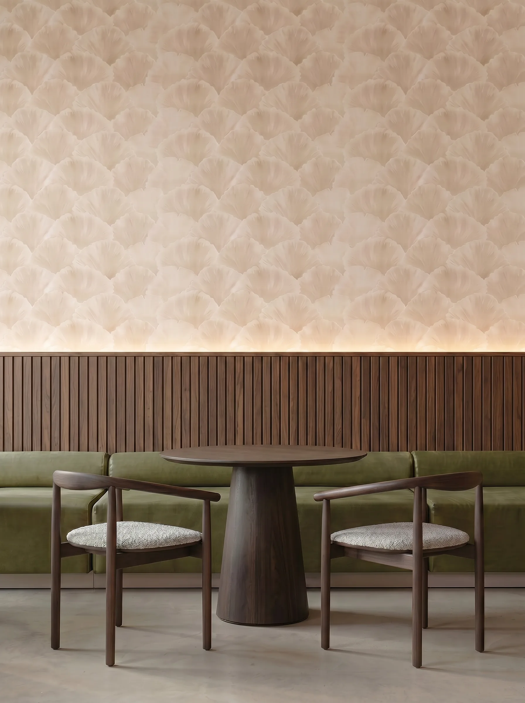 Close-up of Ginkgo Lyric, a hand-painted acrylic customised wallpaper capturing the gentle rhythm of falling leaves. Crafted by Craft Axis, a leading wallpaper store for bespoke wallpaper Singapore.