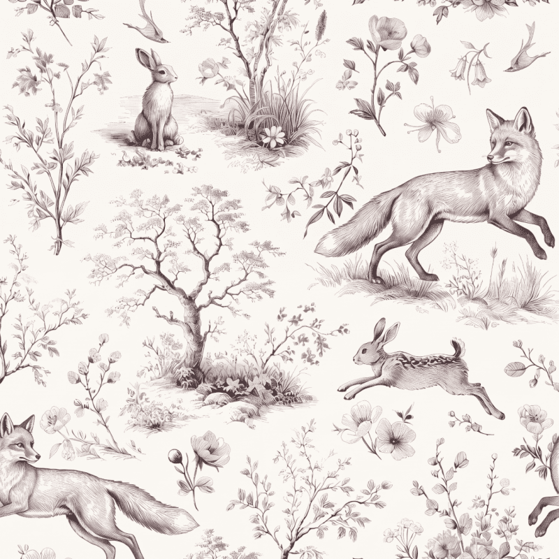 Rose Fox and Hare Sylvan Toile Monochrome