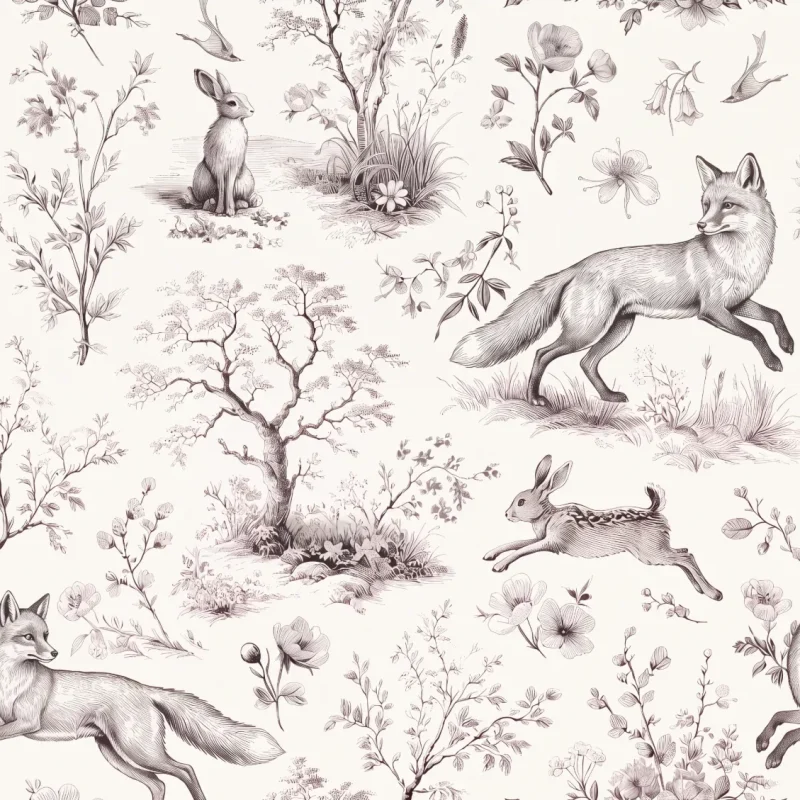 Rose Fox and Hare Sylvan Toile Monochrome