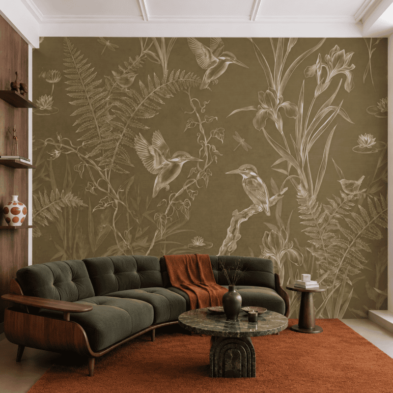 Gilded kingfisher & fern Olive Living room