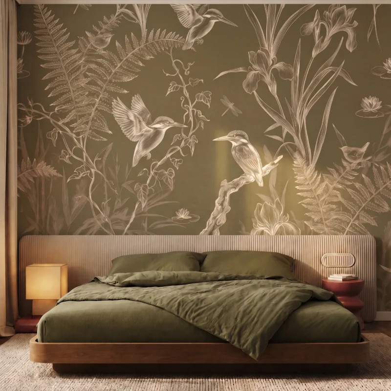 Gilded kingfisher & fern Olive bedroom